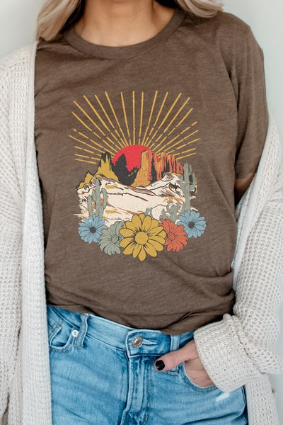 Desert Sunset Arches Floral Cacti Boho Graphic Tee