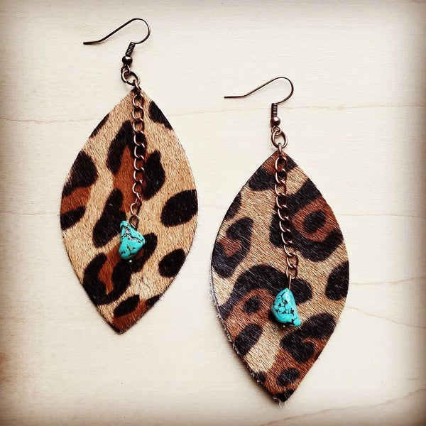 Oval Earrings Leopard w/ Turquoise Drops