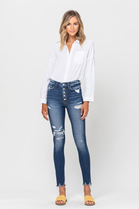 Sophie High Rise Patched Button Up Raw Hem Ankle Skinny