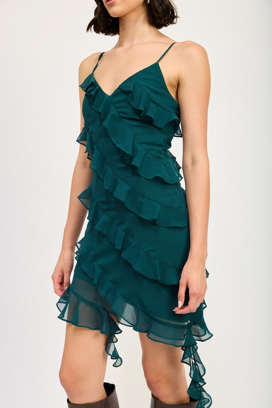 ASYMMETRICAL RUFFLE MINI DRESS