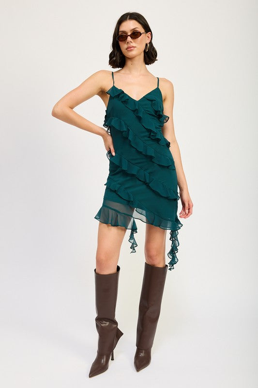 ASYMMETRICAL RUFFLE MINI DRESS