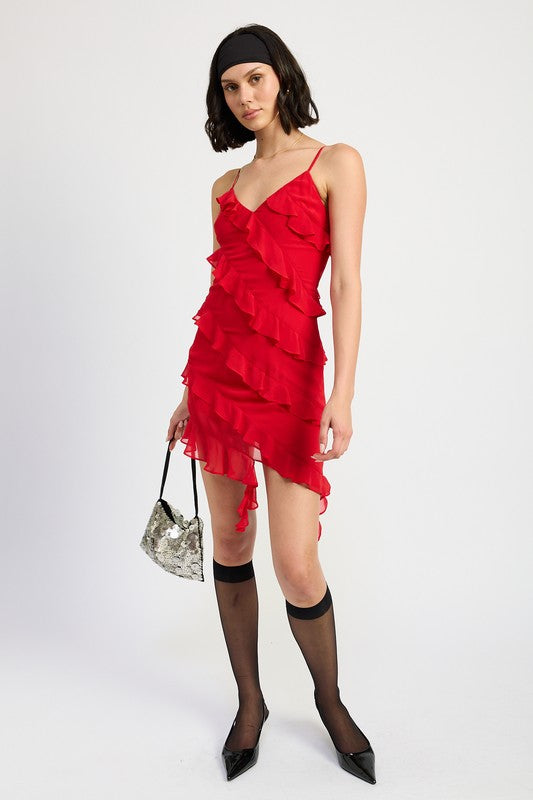 ASYMMETRICAL RUFFLE MINI DRESS