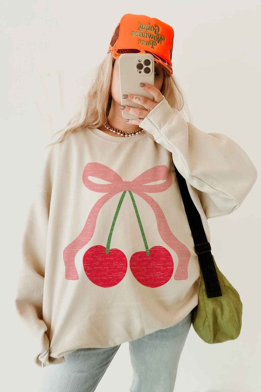 CHERRY BOW RIBBON OVERSIZED SWEATSHIRT