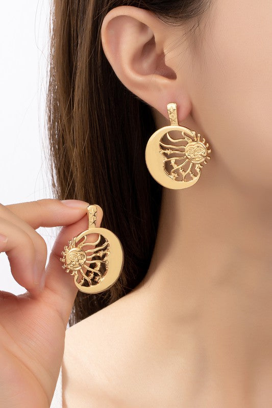 Sun inside a crescent hoop drop earrings