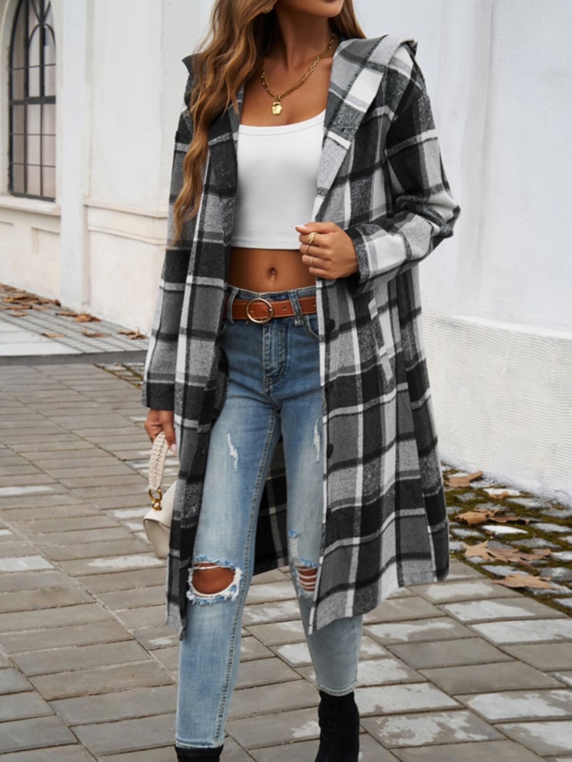 Denise Plaid Long Sleeve Hooded Coat