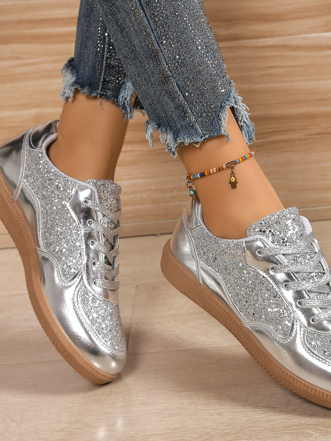 Sequin PU Leather Flat Sneakers