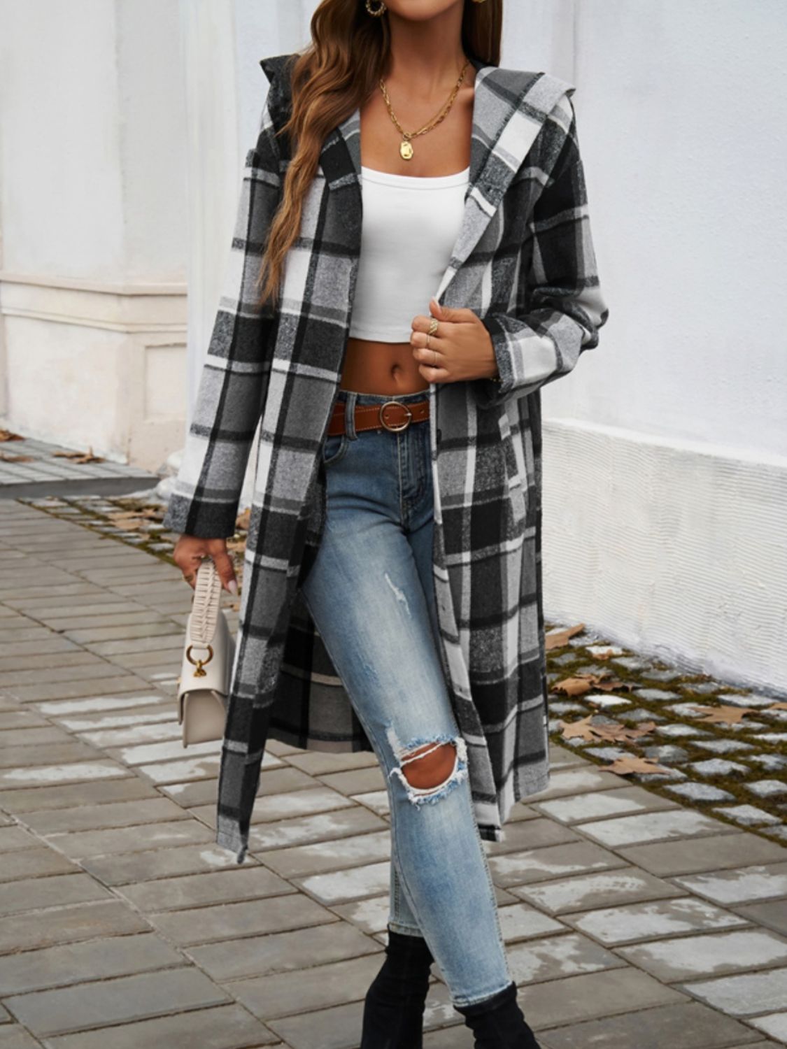 Denise Plaid Long Sleeve Hooded Coat