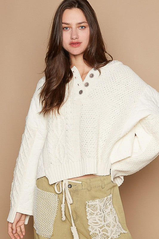 Darcy Cable-Knit Quarter Button Hooded Sweater