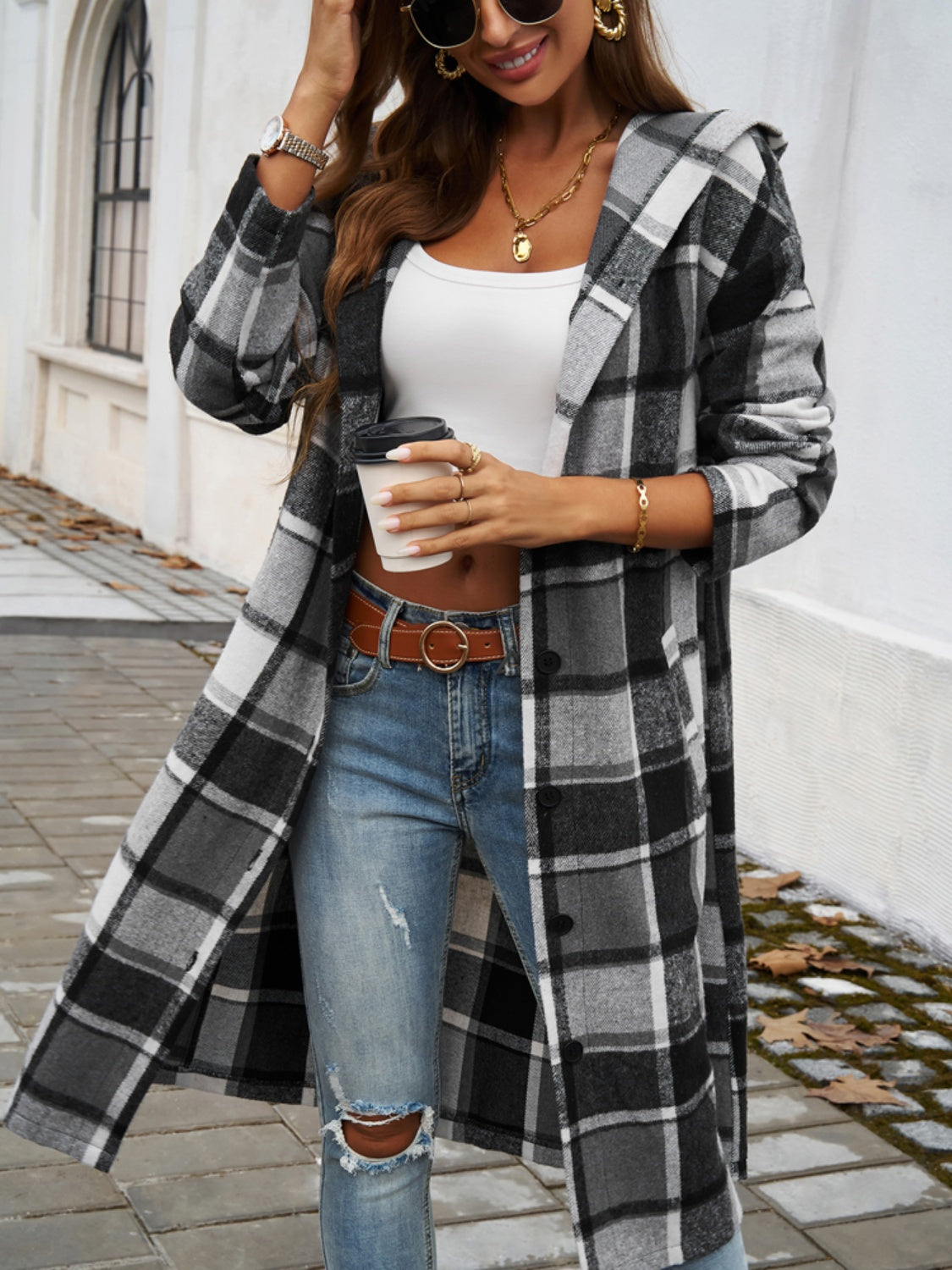 Denise Plaid Long Sleeve Hooded Coat