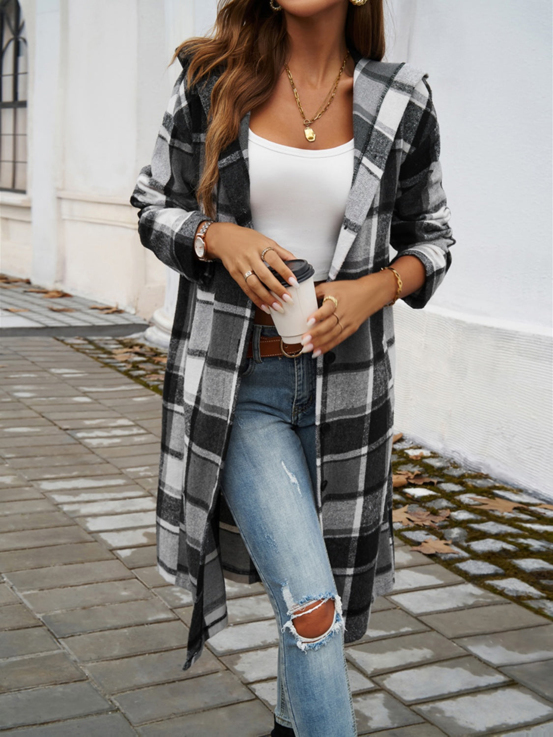 Denise Plaid Long Sleeve Hooded Coat