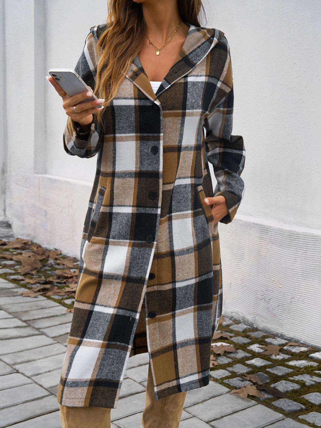 Denise Plaid Long Sleeve Hooded Coat