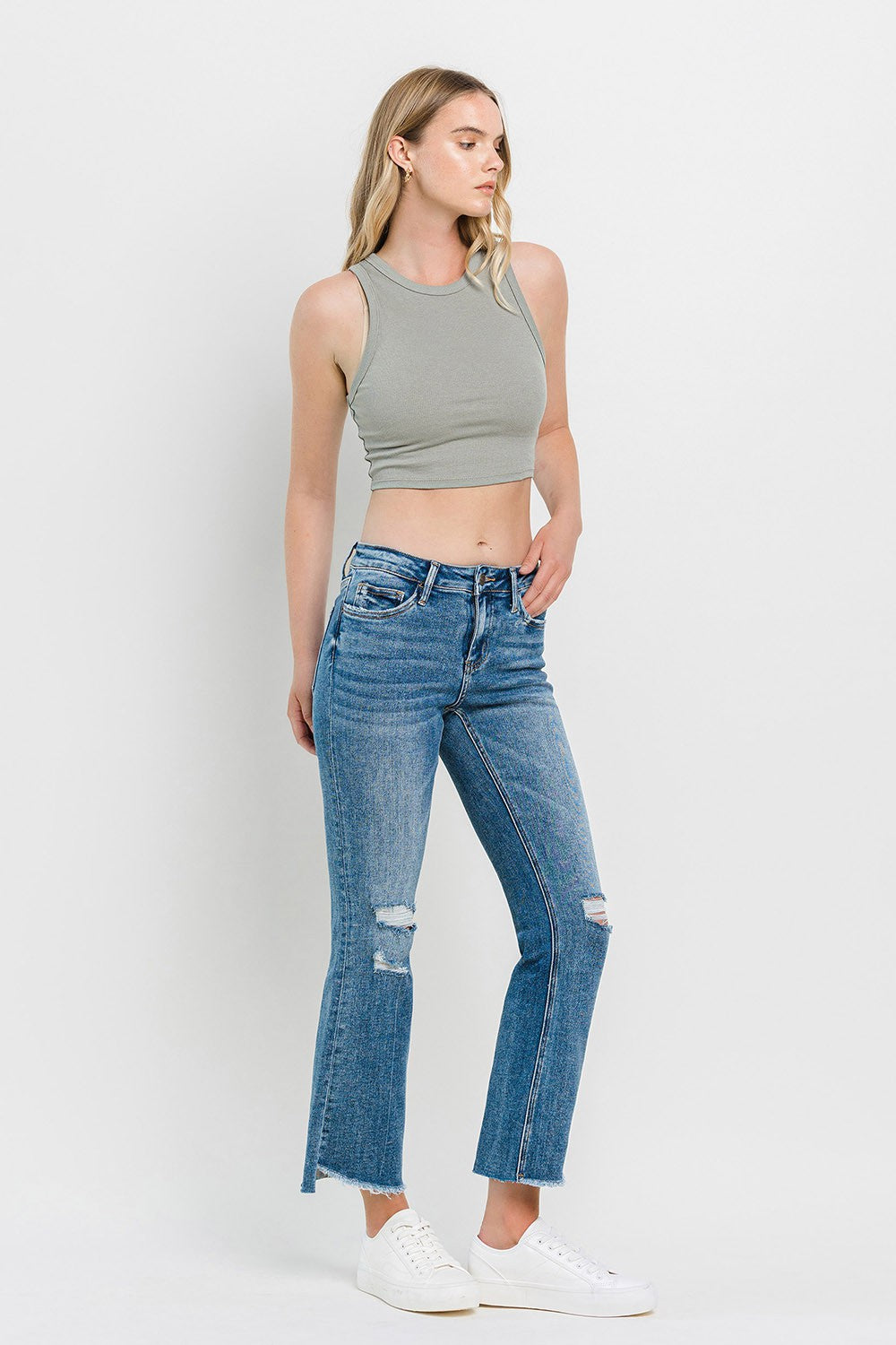 Heather Mid Rise Distressed Cropped Flare Jeans