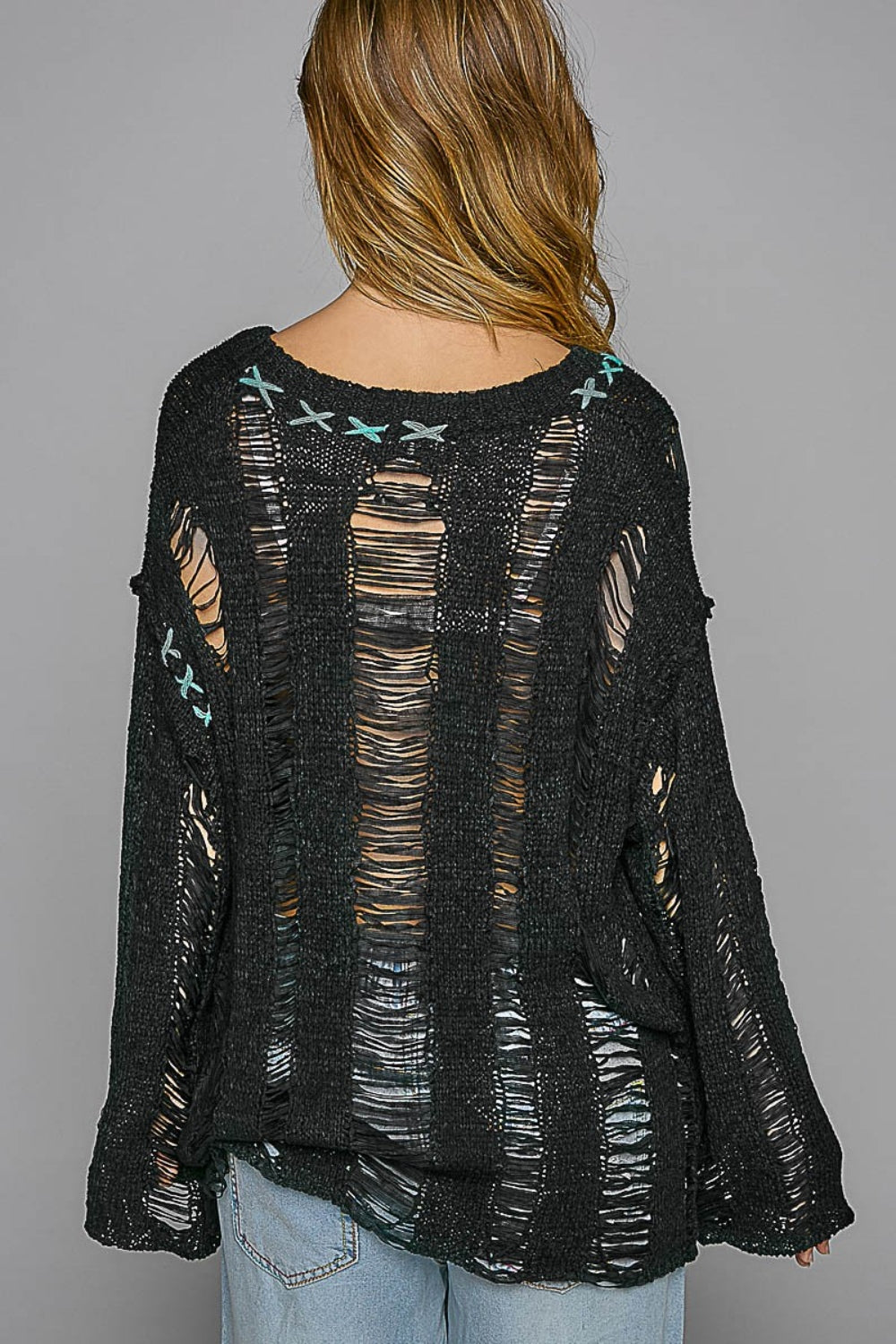 Maeve Distressed Long Sleeve Knit Top