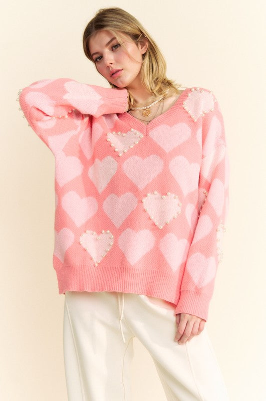 Davi & Dani Heart Pearl Side Slit V Neck Sweater