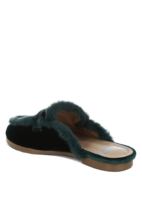 Seyhan Fur Detail Velvet Slip-On Mules