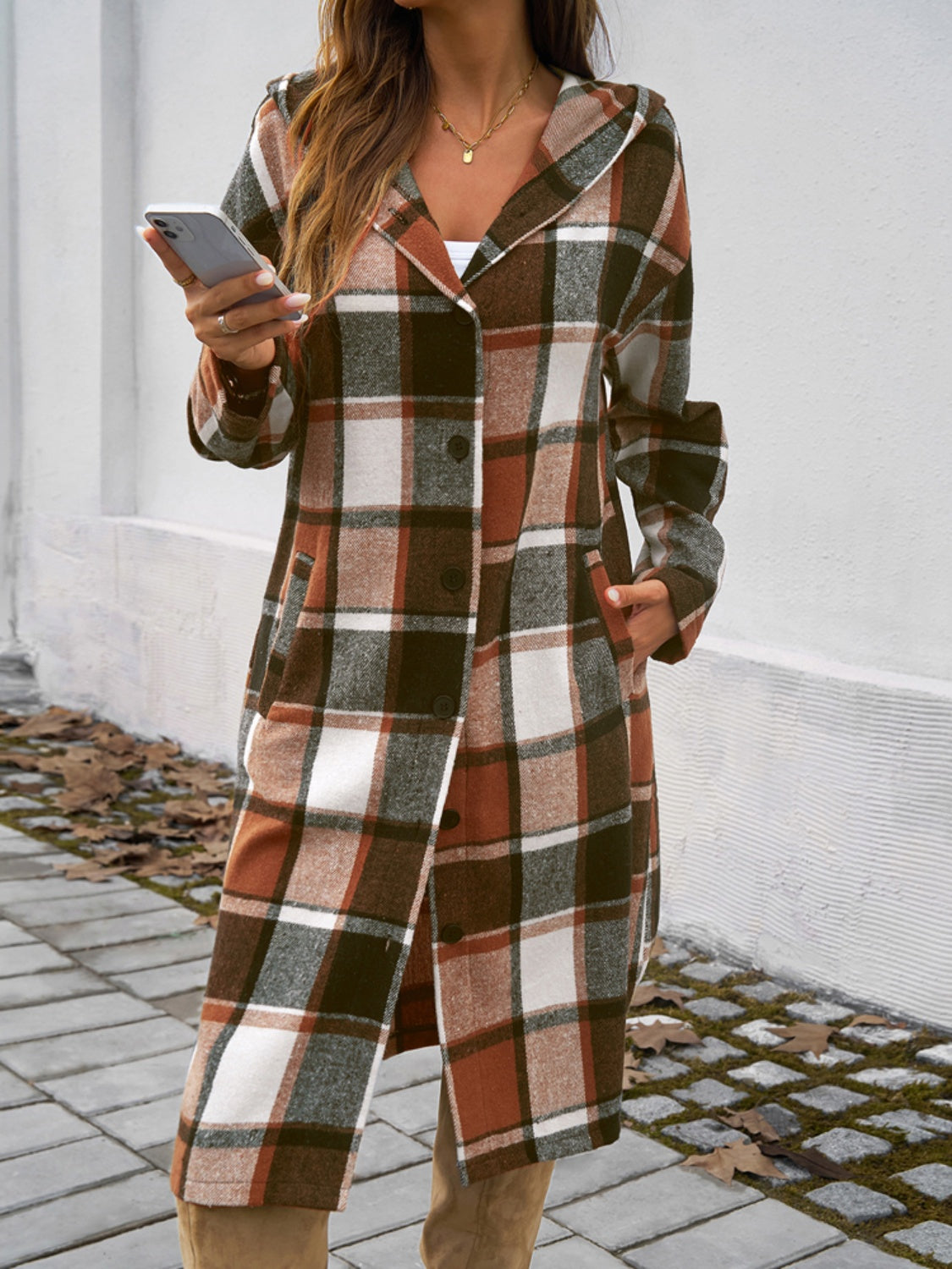 Denise Plaid Long Sleeve Hooded Coat