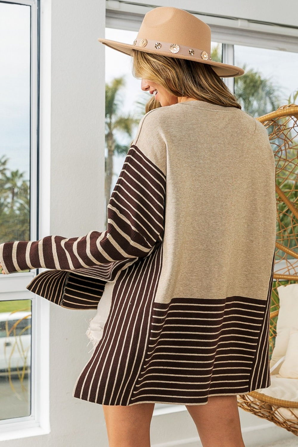 Broadwin Striped Contrast Long Sleeve Slit Top