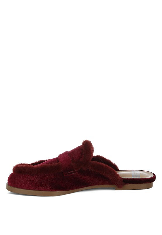 Seyhan Fur Detail Velvet Slip-On Mules