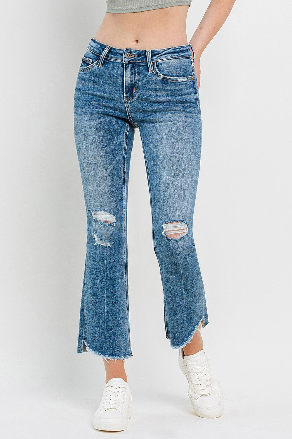 Heather Mid Rise Distressed Cropped Flare Jeans