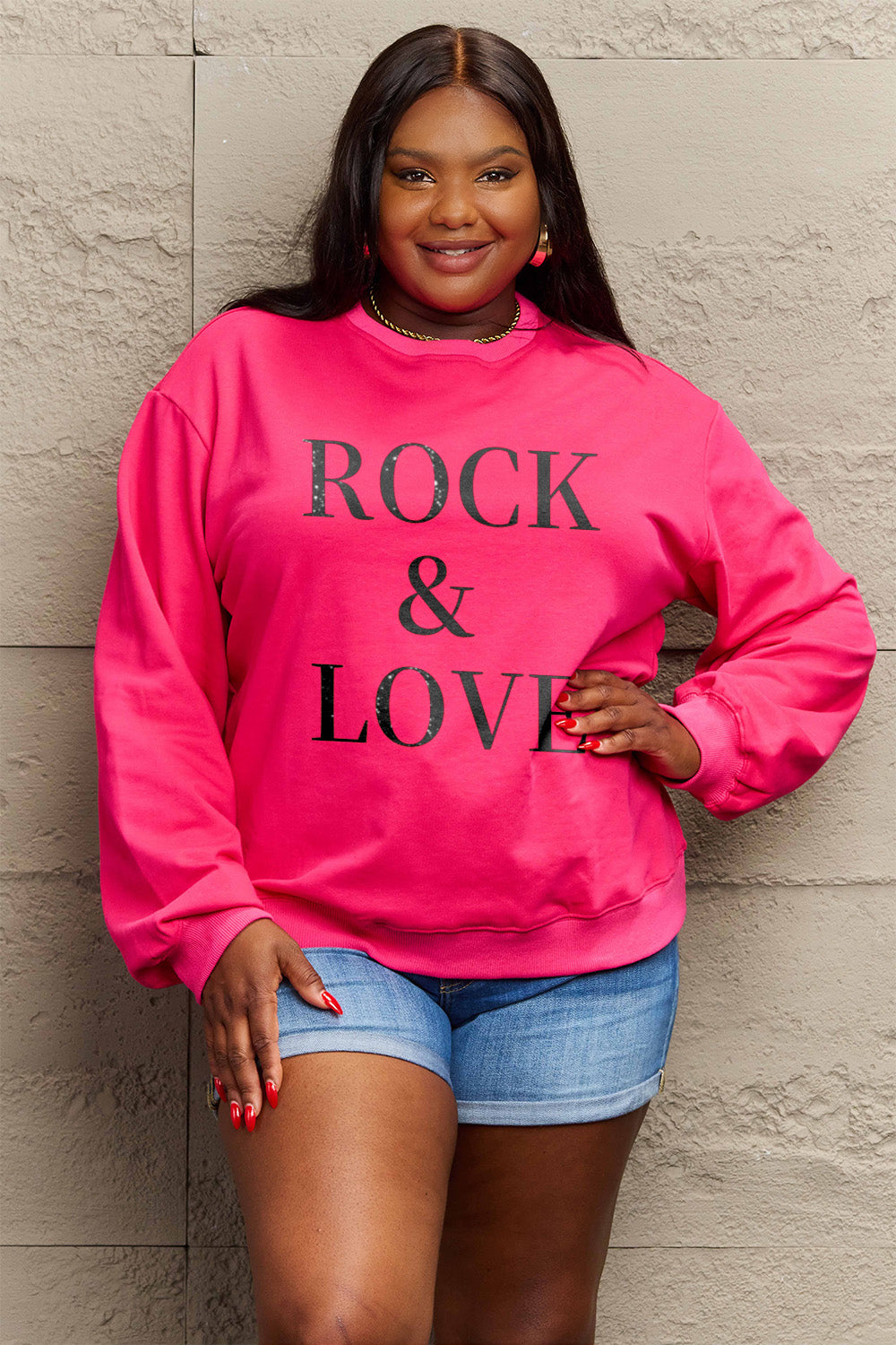 Simply Love Full Size ROCK ＆ LOVE Round Neck Sweatshirt