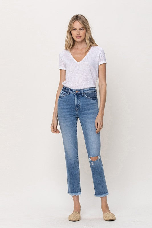 Kellen Knee Slit Frey Hem Crop Straight