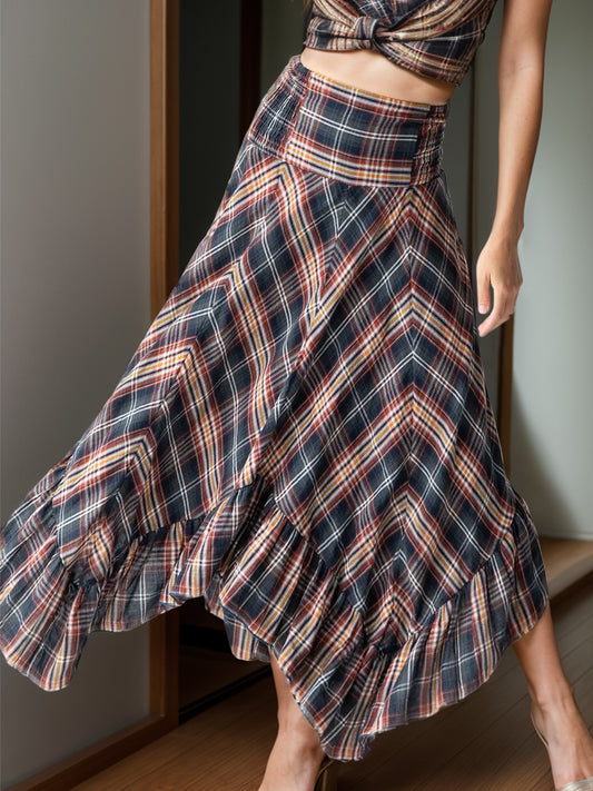 Hollie Plaid Asymmetrical Ruffle Hem Skirt