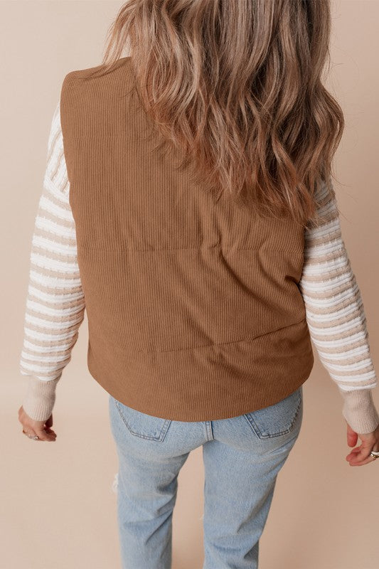 Coffee Corduroy Stand Neck Zipped Puffer Vest