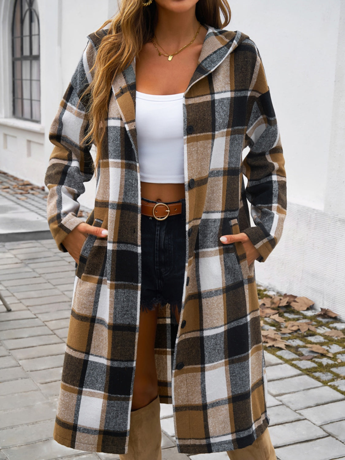 Denise Plaid Long Sleeve Hooded Coat