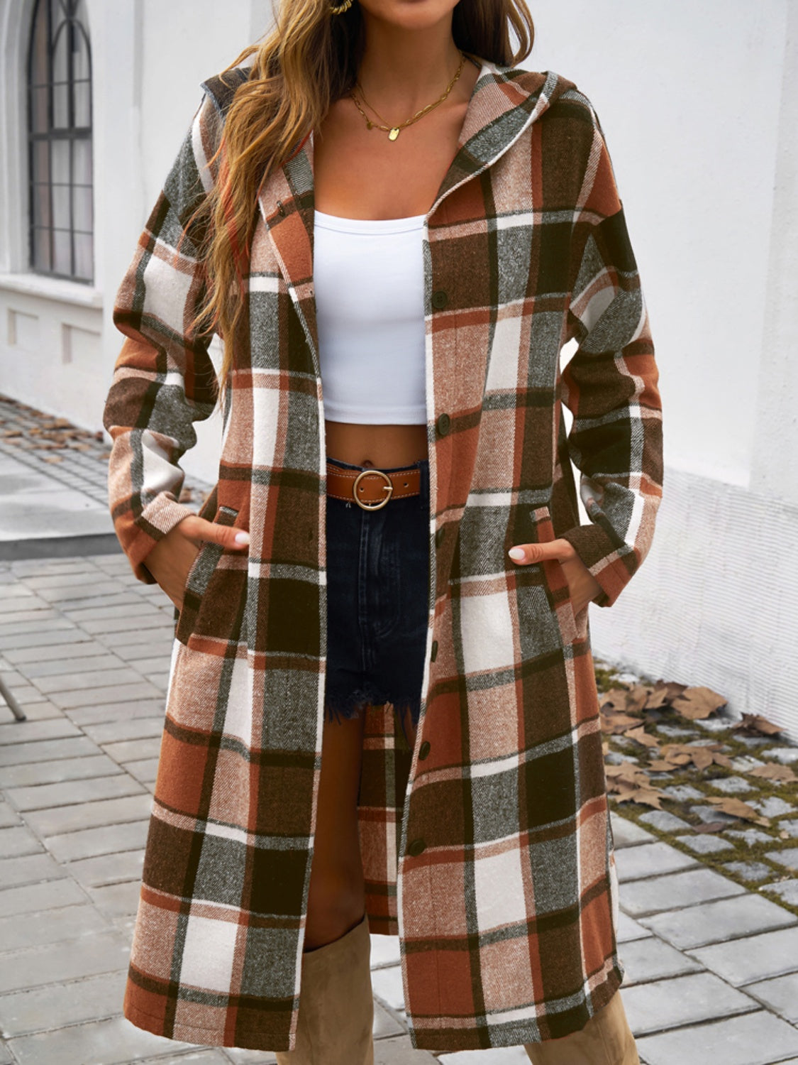 Denise Plaid Long Sleeve Hooded Coat