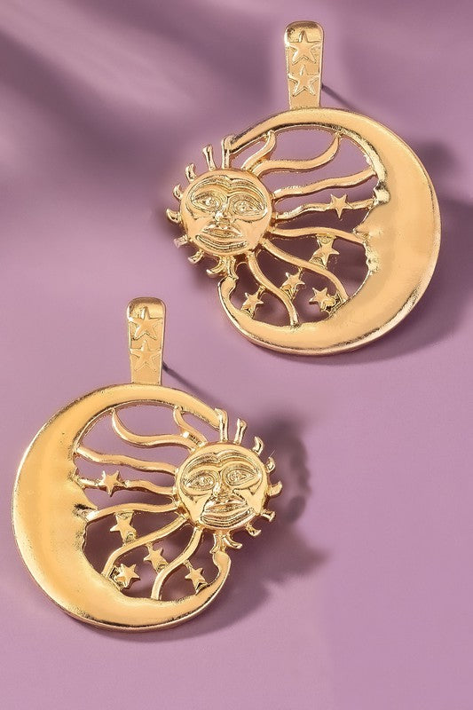 Sun inside a crescent hoop drop earrings