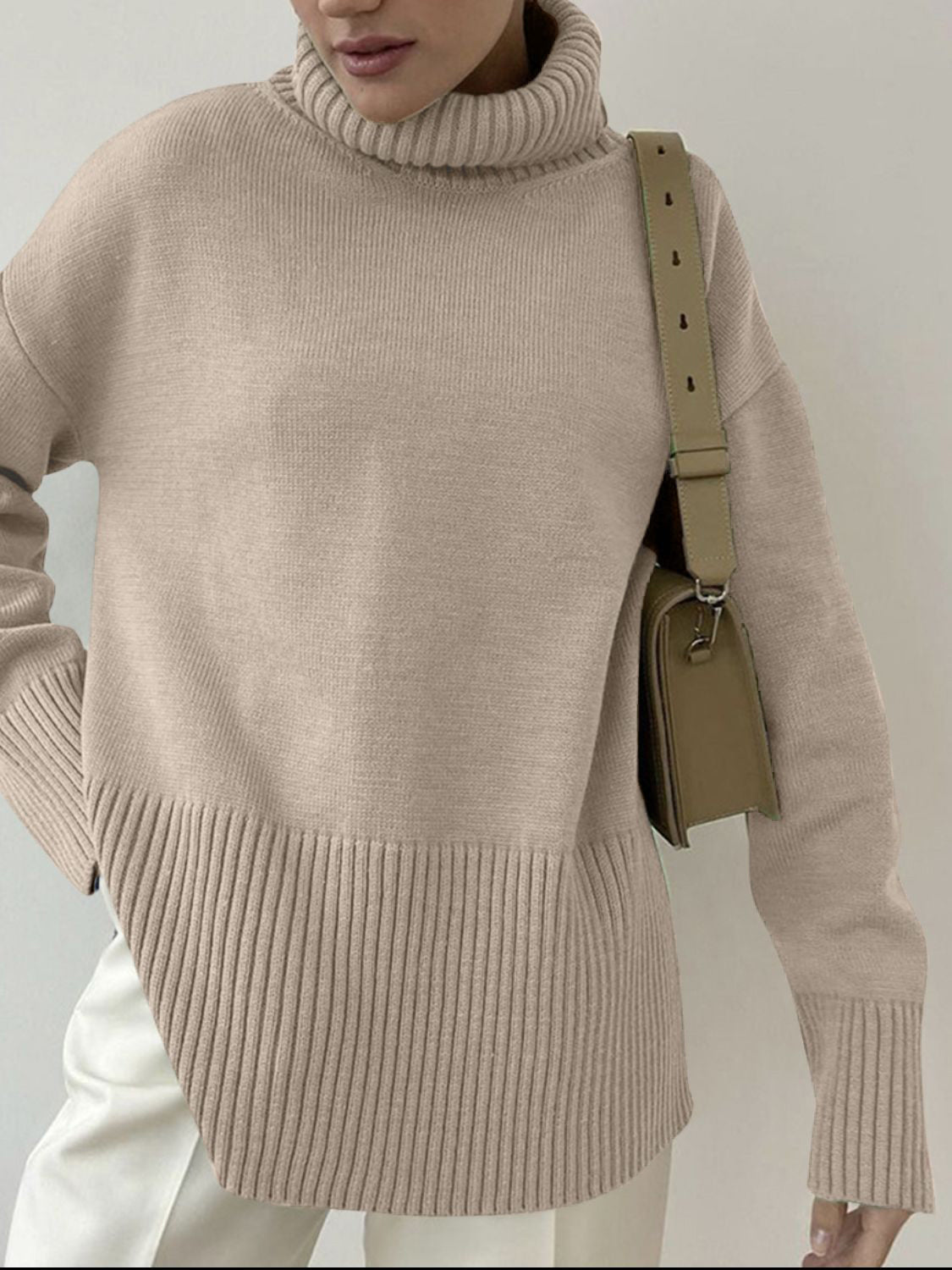 Side Slit Turtleneck Drop Shoulder Sweater