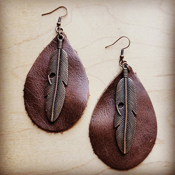 Teardrop Earrings Brown w/ Copper Feather