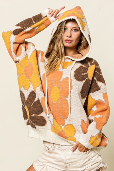 70's Pattern Drawstring Hooded Sweater
